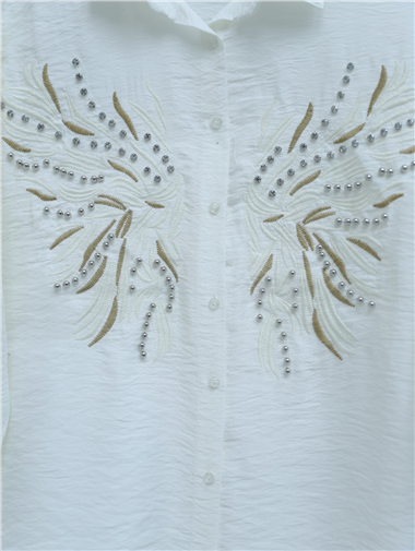 Taş Ve Nakış İşlemeli Keten Gömlek -Ekru