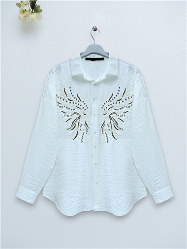 Taş Ve Nakış İşlemeli Keten Gömlek -Ekru