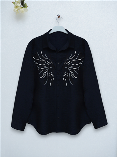 Taş Ve Nakış İşlemeli Keten Gömlek -Siyah