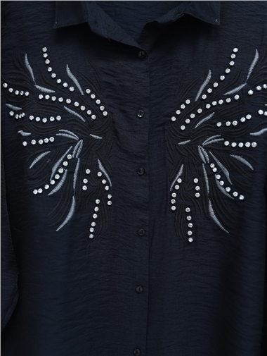 Taş Ve Nakış İşlemeli Keten Gömlek -Siyah