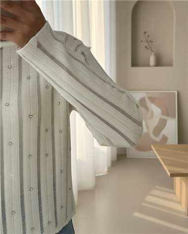 Taşlı Ajurlu Triko Kazak -Taş