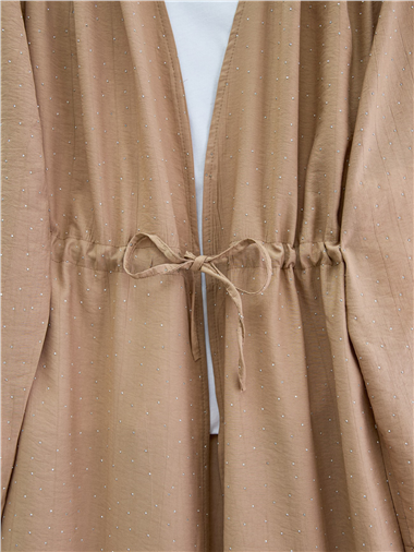 Taşlı Bol Paça Pantolonlu Tünel Bağcıklı Kimono Takım -Vizon