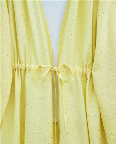 Taşlı Bol Paça Pantolonlu Tünel Bağcıklı Kimono Takım -Sarı