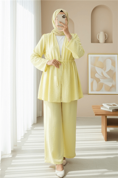 Taşlı Bol Paça Pantolonlu Tünel Bağcıklı Kimono Takım -Sarı