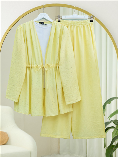 Taşlı Bol Paça Pantolonlu Tünel Bağcıklı Kimono Takım -Sarı
