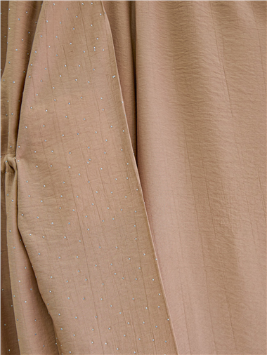 Taşlı Bol Paça Pantolonlu Tünel Bağcıklı Kimono Takım -Vizon