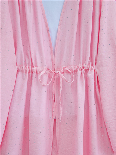 Taşlı Bol Paça Pantolonlu Tünel Bağcıklı Kimono Takım -Pembe