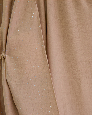 Taşlı Bol Paça Pantolonlu Tünel Bağcıklı Kimono Takım -Vizon