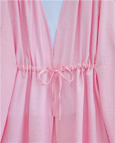Taşlı Bol Paça Pantolonlu Tünel Bağcıklı Kimono Takım -Pembe
