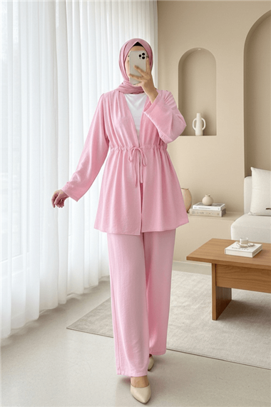 Taşlı Bol Paça Pantolonlu Tünel Bağcıklı Kimono Takım -Pembe