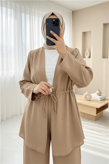 Taşlı Bol Paça Pantolonlu Tünel Bağcıklı Kimono Takım -Vizon