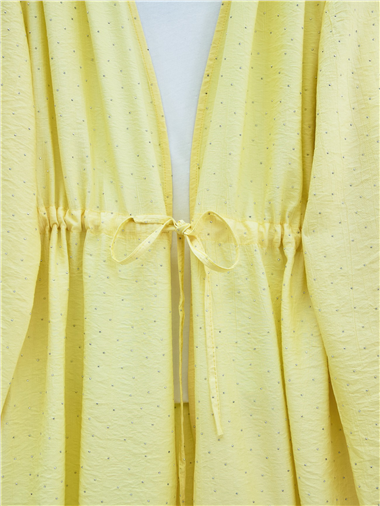 Taşlı Bol Paça Pantolonlu Tünel Bağcıklı Kimono Takım -Sarı