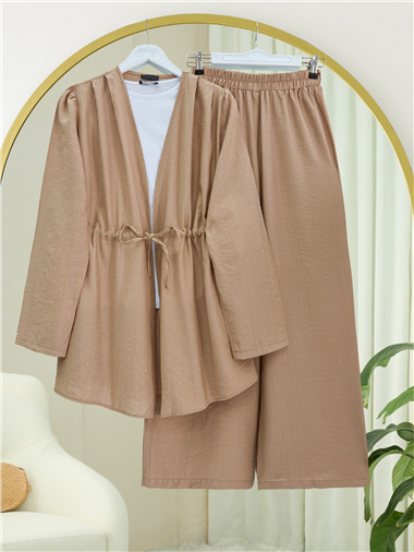 Taşlı Bol Paça Pantolonlu Tünel Bağcıklı Kimono Takım -Vizon