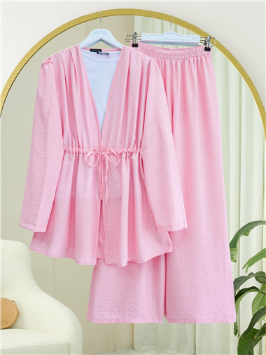 Taşlı Bol Paça Pantolonlu Tünel Bağcıklı Kimono Takım -Pembe