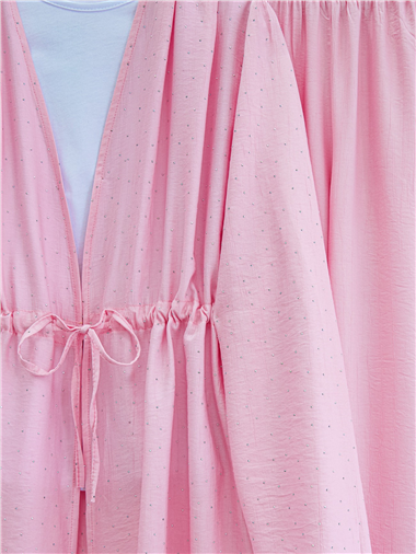 Taşlı Bol Paça Pantolonlu Tünel Bağcıklı Kimono Takım -Pembe