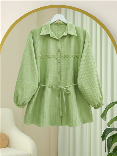 Taşlı Düğmeli Beli Bağlamalı Dantel Detaylı Gömlek -A.Yeşil