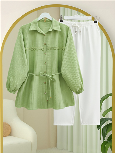 Taşlı Düğmeli Beli Bağlamalı Dantel Detaylı Gömlek -A.Yeşil