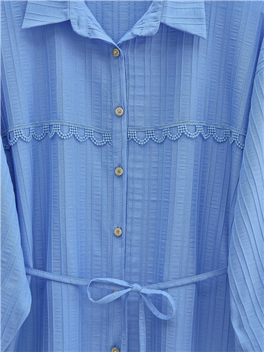 Taşlı Düğmeli Beli Bağlamalı Dantel Detaylı Gömlek -Mavi