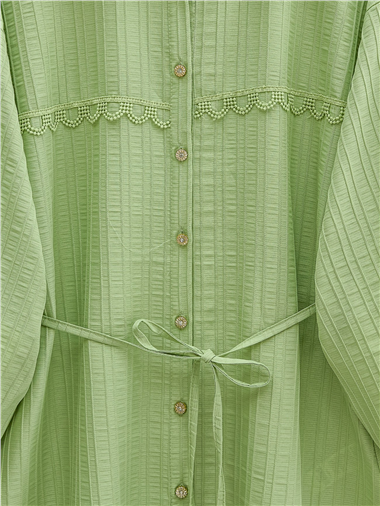 Taşlı Düğmeli Beli Bağlamalı Dantel Detaylı Gömlek -A.Yeşil