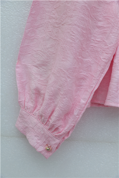 Taşlı Düğmeli Beli Bağlamalı Etekli Jakar Takım  -Pembe