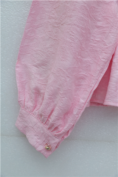 Taşlı Düğmeli Beli Bağlamalı Etekli Jakar Takım  -Pembe