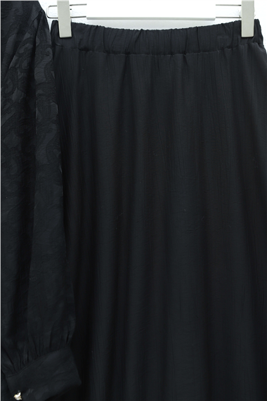 Taşlı Düğmeli Beli Bağlamalı Etekli Jakar Takım  -Siyah