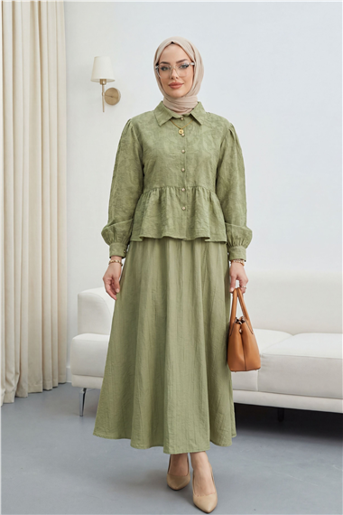 Taşlı Düğmeli Beli Bağlamalı Etekli Jakar Takım  -Çağla Y.