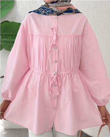 Taşlı Düğmeli Kolu Lastikli Bağlama Detaylı Gömlek  -Pembe