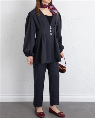 Taşlı Düğmeli Kolu Lastikli Double Pantolonlu Takım  -Laci