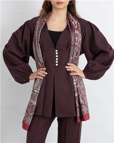 Taşlı Düğmeli Kolu Lastikli Double Pantolonlu Takım  -K. Bordo