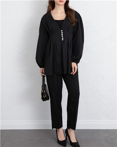 Taşlı Düğmeli Kolu Lastikli Double Pantolonlu Takım  -Siyah
