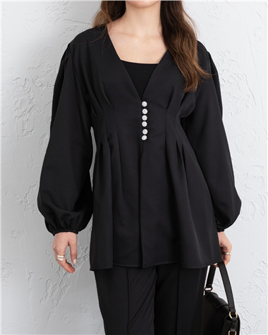 Taşlı Düğmeli Kolu Lastikli Double Pantolonlu Takım  -Siyah