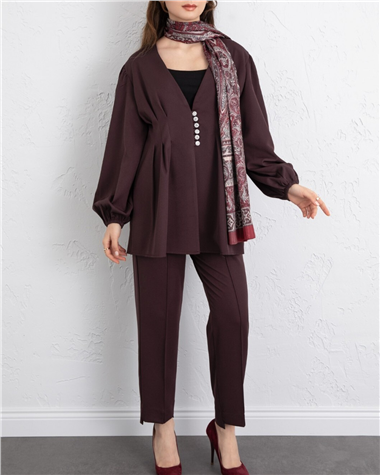 Taşlı Düğmeli Kolu Lastikli Double Pantolonlu Takım  -K. Bordo