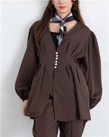 Taşlı Düğmeli Kolu Lastikli Double Pantolonlu Takım  -K. Kahve