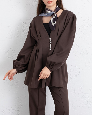 Taşlı Düğmeli Kolu Lastikli Double Pantolonlu Takım  -K. Kahve