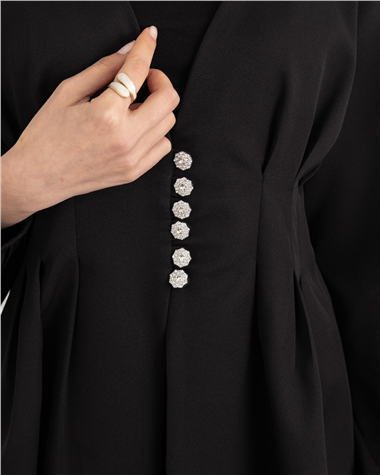 Taşlı Düğmeli Kolu Lastikli Double Pantolonlu Takım  -Siyah