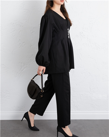 Taşlı Düğmeli Kolu Lastikli Double Pantolonlu Takım  -Siyah