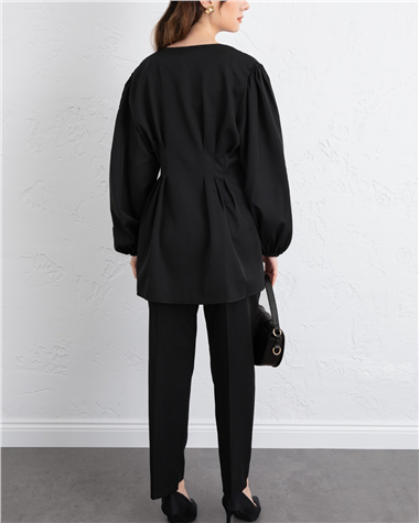 Taşlı Düğmeli Kolu Lastikli Double Pantolonlu Takım  -Siyah