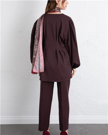 Taşlı Düğmeli Kolu Lastikli Double Pantolonlu Takım  -K. Bordo