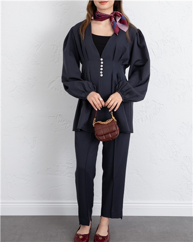 Taşlı Düğmeli Kolu Lastikli Double Pantolonlu Takım  -Laci