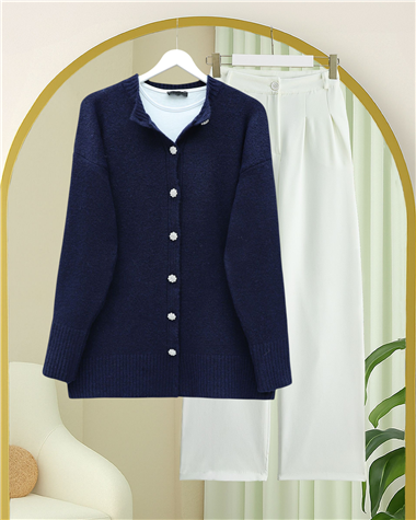 Taşlı Düğmeli Yumoş Salaş Triko Hırka -Laci