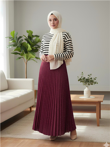 Taşlı Pliseli Kraş Etek -Bordo