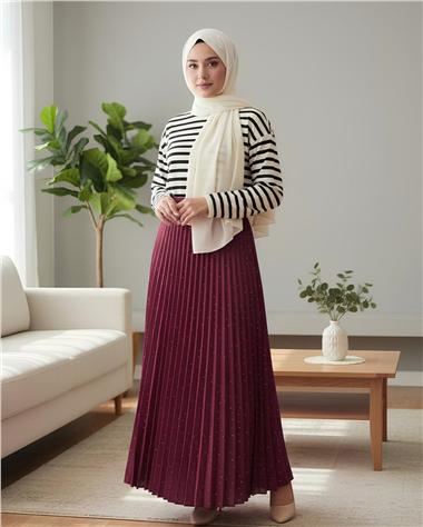 Taşlı Pliseli Kraş Etek -Bordo