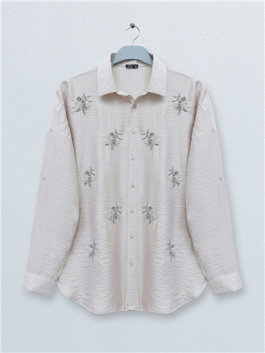 Taşlı Yaprak Nakışlı Düğmeli Gömlek -Bej