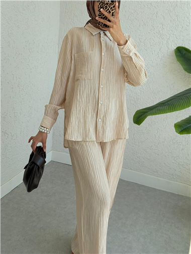 Tek Cepli Fitilli Tensel Kumaş İkili Takım  -Bej