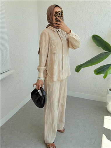 Tek Cepli Fitilli Tensel Kumaş İkili Takım  -Bej