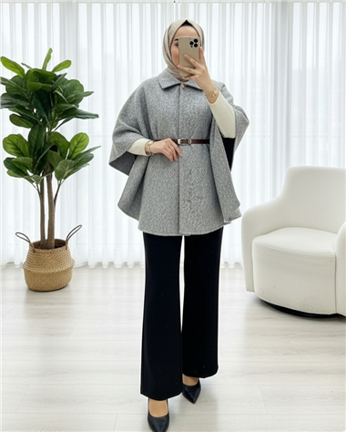 Tek Düğmeli  Beli Kemerli  Sakallı Panço   -Açık Gri