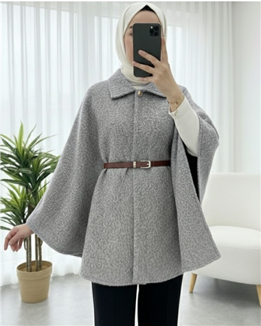 Tek Düğmeli  Beli Kemerli  Sakallı Panço   -Açık Gri