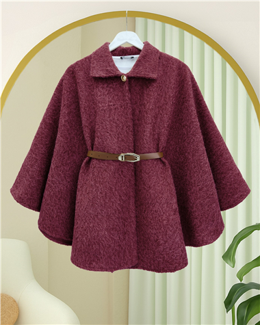 Tek Düğmeli  Beli Kemerli  Sakallı Panço    -Bordo