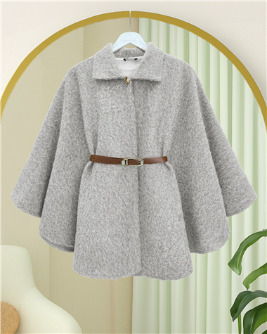 Tek Düğmeli  Beli Kemerli  Sakallı Panço   -Açık Gri